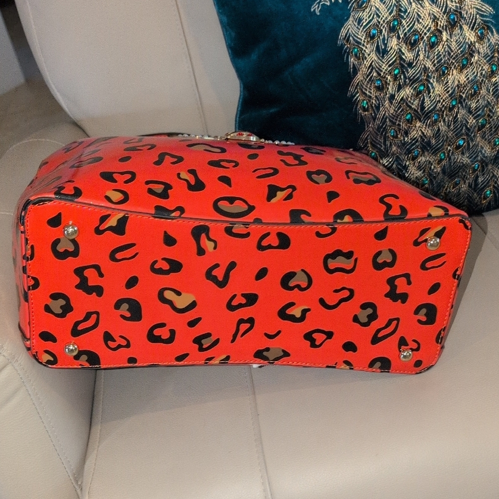 Orange Leopard Print Satchel with Bee Accent - Picture 9 of 15